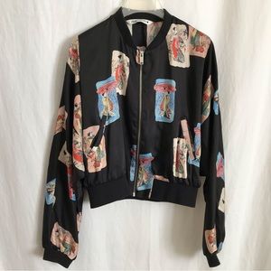 Zara Bomber Jacket Medium Black Satin Asian Patch Dolman Sleeve Full Zip